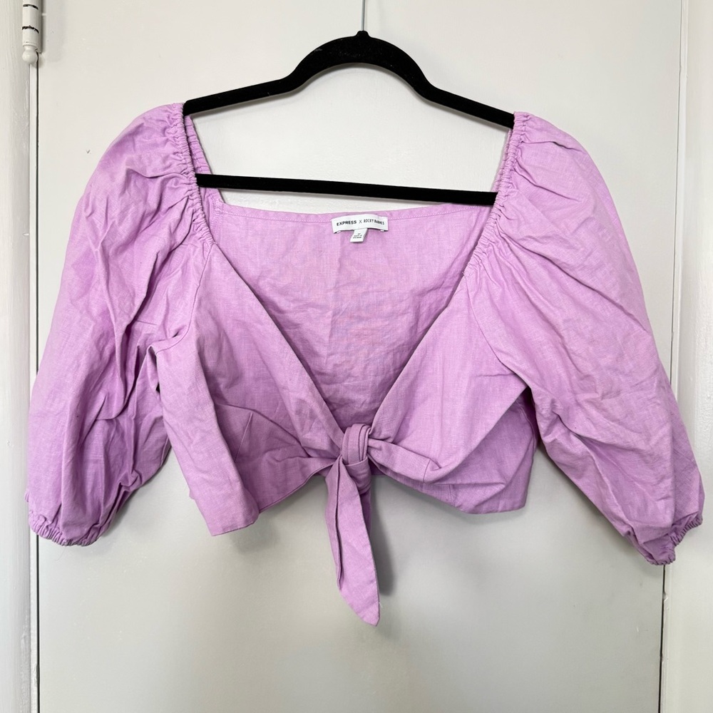 Express X Rocky Barnes Lavender Purple Tie Front Cropped Blouse Medium